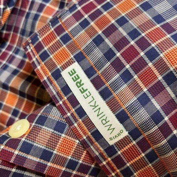 Orvis Button Down Plaid Checked Shirt Wrinkle Free Orange Navy Red Size Large - Picture 9 of 9
